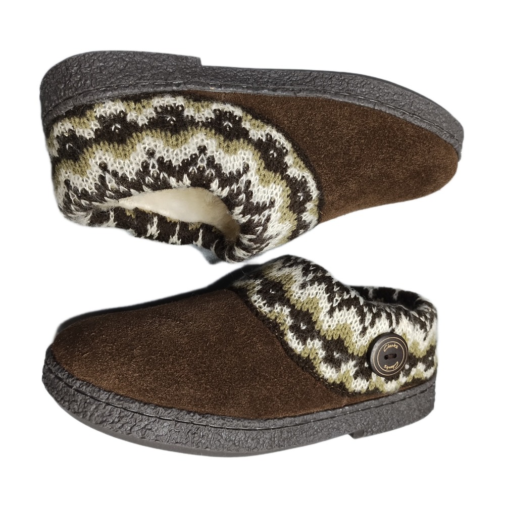 Clarks Slippers Womens Size 6M Multi Fair Isle Leather Faux Fur Lined Slip On